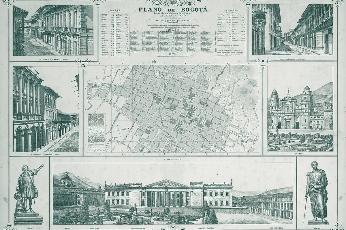 Plano de Bogotá de 1890, levantado por Agustín Codazzi, con grabados de calles y edificios.